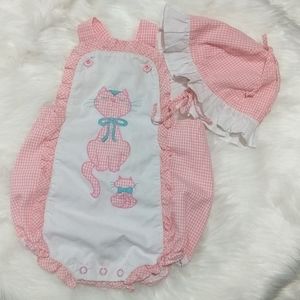 Vintage Baby Romper Bonnet Set Gingham Pink Ruffle